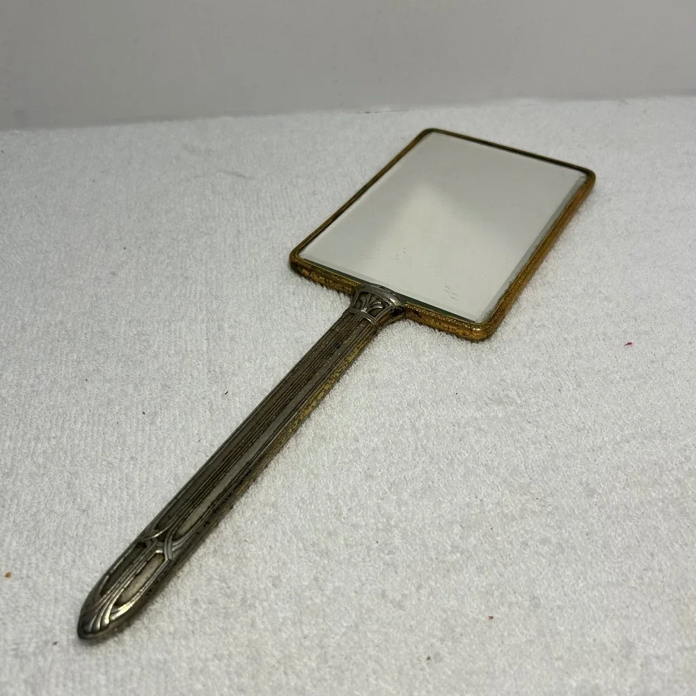Vintage Art Deco Pink Guilloche Enamel Hand Mirror Flower Basket Beveled Glass